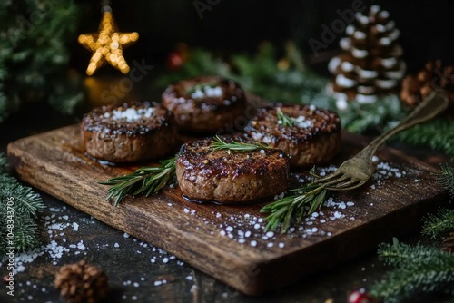 Juicy steaks seasoned with herbs on a rustic wooden board during a festive ga...