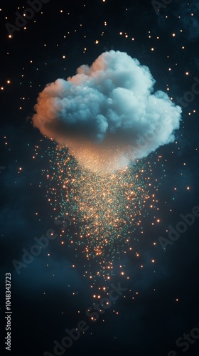 A cloud releasing shimmering particles in a dark, starry sky at night