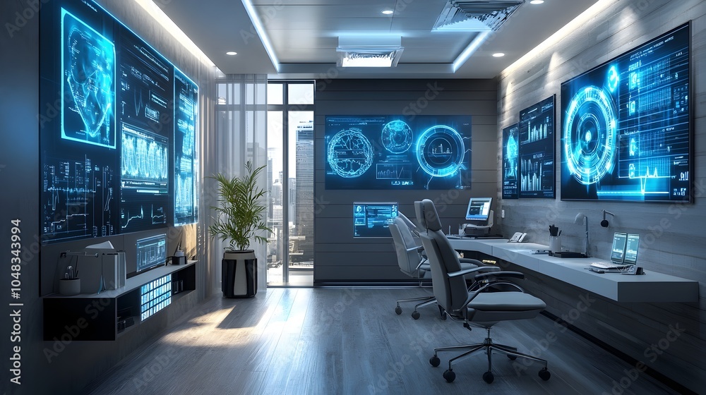 Futuristic 3D rendered medical consultation room featuring advanced holographic displays of real time patient data and health monitoring technologies Modern Futuristic 3D rendered medical consultation room featuring advanced holographic displays of real time patient data and health monitoring technologies Modern