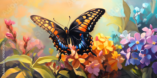 Monarch Butterfly Resting on Vibrant Flowers in Sunlight