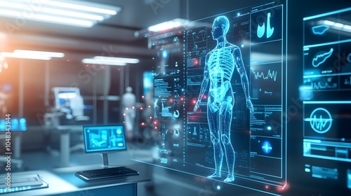 A cutting edge 3D rendered medical consultation room featuring advanced holographic displays of real time patient data and health monitoring systems