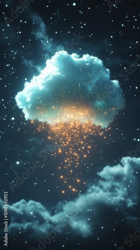 A cloud releasing shimmering particles in a dark, starry sky at night