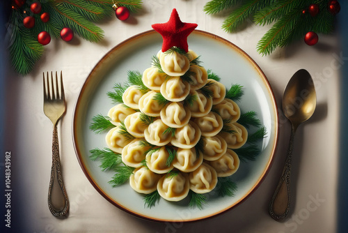 Festive table with creative holiday food, including dumpling Christmas tree with red star and dill garnish. Set in front of decorated Christmas tree, perfect for holiday celebrations photo