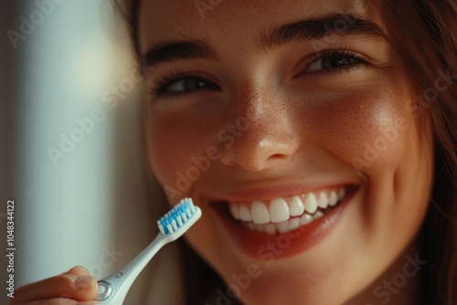 A young woman smiles brightly while holding a toothbrush. Her healthy teeth shine with joy. This image represents confident dental care and personal hygiene. Generative AI