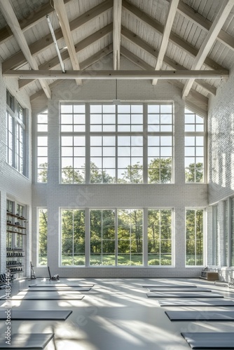 Bright and spacious wellness studio with large windows overlooking nature in ...