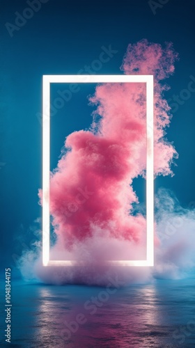 Colorful smoky cloud in a rectangular frame with vibrant blue background and ...