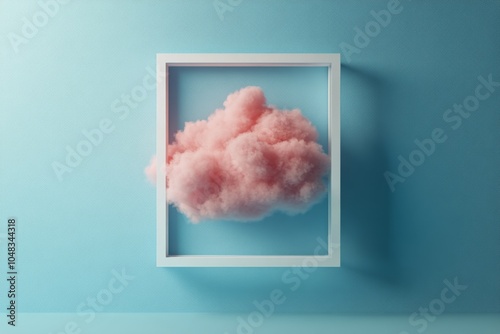 Soft pink cloud art display within a white frame against a light blue background