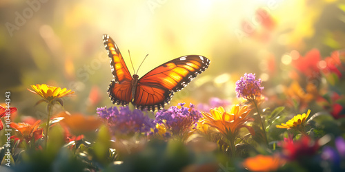 Monarch Butterfly Resting on Vibrant Flowers in Sunlight