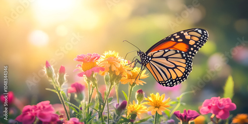 Monarch Butterfly Resting on Vibrant Flowers in Sunlight