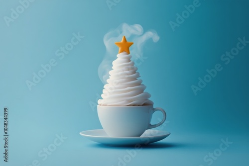 A festive cup of coffee with Christmas tree shaped cookie and steam on a teal...