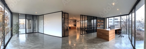 Modern office space with large glass windows and minimalist design in a brigh...