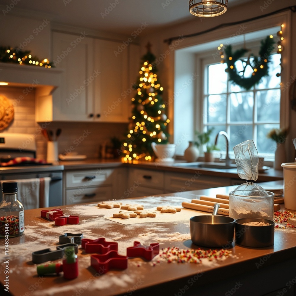 A cozy, warmly lit kitchen where someone is baking Christmas cookies, with flour, cookie cutters, and sprinkles scattered on the counter A cozy, warmly lit kitchen where someone is baking Christmas cookies, with flour, cookie cutters, and sprinkles scattered on the counter