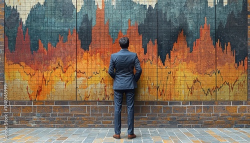 A man in a suit stands before a vibrant, abstract wall mural featuring colorful peaks and valleys, suggesting themes of data and analysis. photo