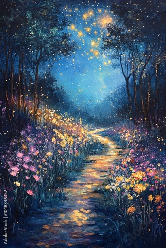 A magical enchanted pathway through a starry night garden filled with colorful blooms and sparkling wonders