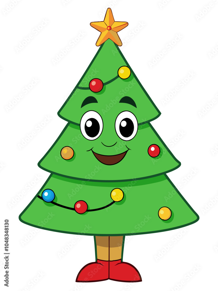 a cartoon illustration of a Christmas tree with a cheerful face. The tree has large, expressive eyes, a smiling mouth, and is decorated with colorful ornaments in red, yellow, and blue a cartoon illustration of a Christmas tree with a cheerful face. The tree has large, expressive eyes, a smiling mouth, and is decorated with colorful ornaments in red, yellow, and blue