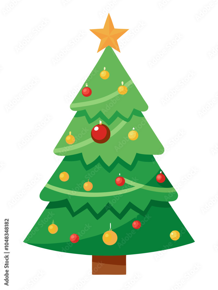 a simple illustration of a Christmas tree. The tree is green with three layers of branches, each decorated with colorful ornaments. The ornaments are red and yellow balls a simple illustration of a Christmas tree. The tree is green with three layers of branches, each decorated with colorful ornaments. The ornaments are red and yellow balls