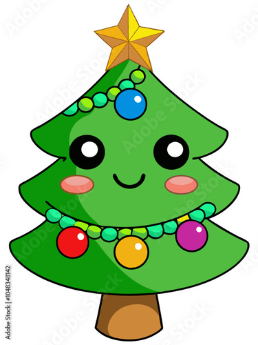 a cute cartoon illustration of a Christmas tree. The tree has a smiling face with big, round eyes and rosy cheeks. It is decorated with colorful ornaments and a string of green beads