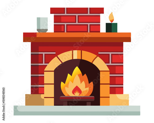 a cartoon-style illustration of a fireplace. The fireplace is made of red bricks with a wooden mantel on top. There is a fire burning inside the fireplace, depicted with stylized flames in shades of y