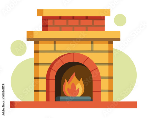 an illustration of a fireplace. It features a stylized, cartoon-like design with a brick pattern. The fireplace is depicted in shades of yellow and orange, with a red arch around the opening