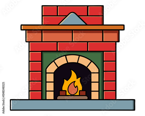 a cartoon-style illustration of a fireplace. It is made of red bricks with a brown mantel and a triangular gray accent on top. Inside the fireplace