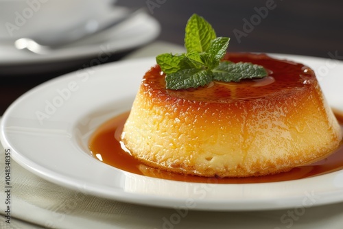 A serving of pudim de leite, a creamy caramel flan served with a drizzle of caramel sauce and a mint garnish photo