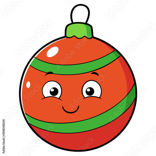  a cartoon-style illustration of a Christmas ornament. It is a round, red bauble with two green horizontal stripes around it. The ornament has a cute, smiling face with big eyes