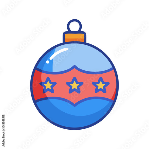 an illustration of a Christmas ornament. It is a round bauble with a blue top and bottom section. The middle section is red with a wavy pattern and features three yellow stars, each outlined in blue