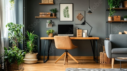 Modern home office with wooden desk, decorative items, chair, potted plants, and a cozy adjoining room