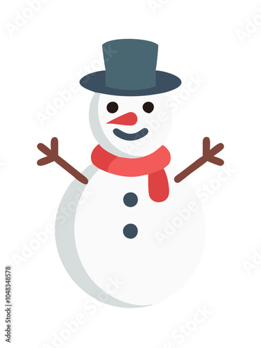 a simple illustration of a snowman. The snowman has two large snowballs stacked on top of each other to form its body and head. It has a black top hat on its head and a red scarf around its neck