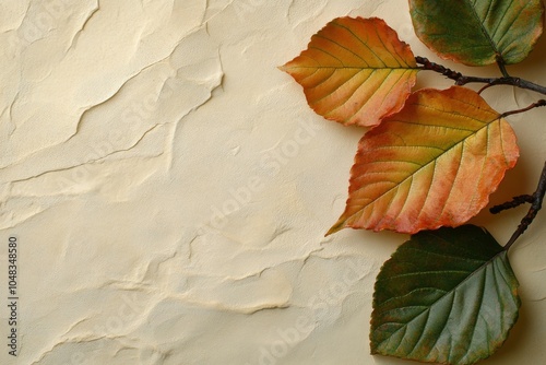 Autumn leaves arranged on a textured surface creating a seasonal decoration