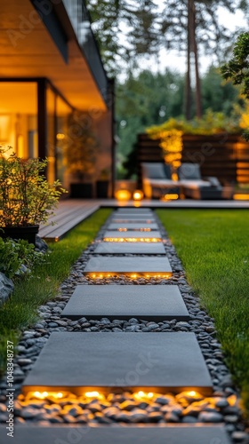 Elegant garden pathway illuminated by warm lights during a serene evening at ...