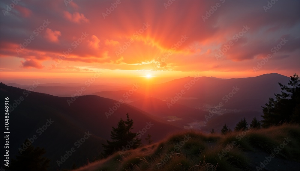 Fototapeta premium An impressive orange sunset over silhouettes of mountains against a bright sky