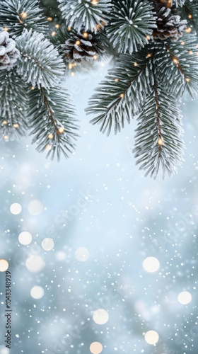 Snow covered pine branches decorated with frost and sparkling lights in a ser...