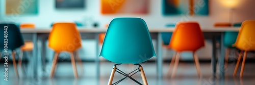 Colorful chairs in a modern cafe with artwork on display in the background du...