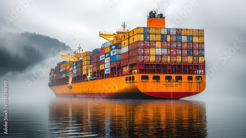 A vibrant cargo ship loaded with colorful containers sails through misty waters, creating a striking contrast against the serene backdrop. photo