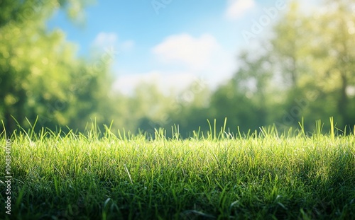 Sunny grass field under tree canopy with soft green leaves during afternoon l...