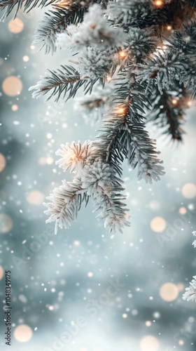 Snow covered pine branches decorated with frost and sparkling lights in a ser...