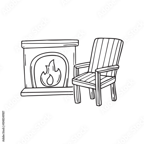 A wood chair by a rustic fireplace