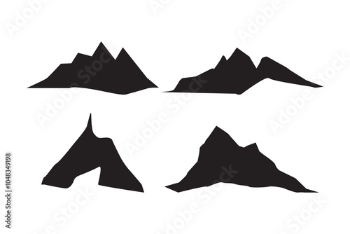 Mountain peaks silhouettes. Isolated rocky mountain. Mountain, rock, hill, peak logos. Vector stock illustration.