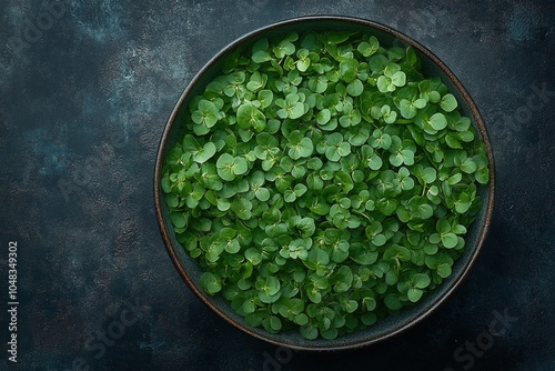 Fresh greens displayed in a deep bowl on a dark textured surface in natural l...