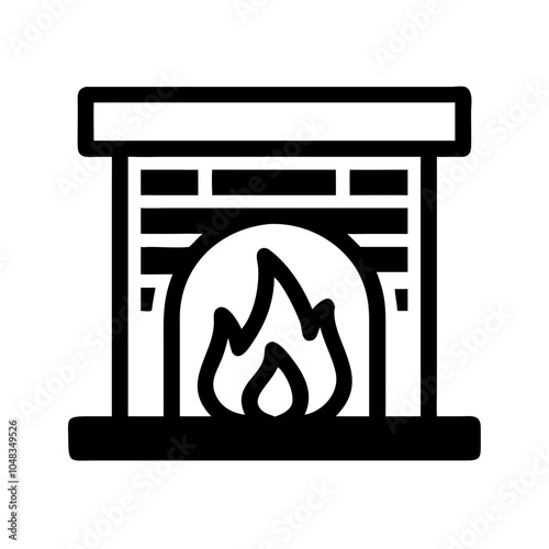  a simple black and white icon of a fireplace. It features a stylized depiction of a fireplace with a mantel at the top, a brick pattern in the middle, and a flame in the center