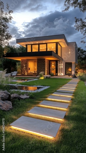 Elegant garden pathway illuminated by warm lights during a serene evening at ...