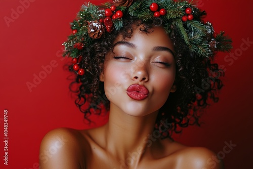 A festive celebration with a model wearing a floral crown on a red background...