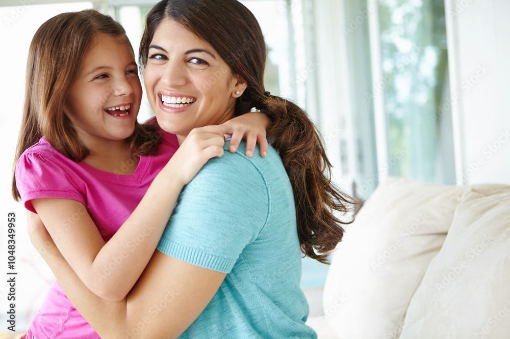 Funny, mom and embrace kid in home for love, care and family laughing together in living room. Happy girl, mother and hug child for support, connection and trust single parent with adopted daughter Funny, mom and embrace kid in home for love, care and family laughing together in living room. Happy girl, mother and hug child for support, connection and trust single parent with adopted daughter