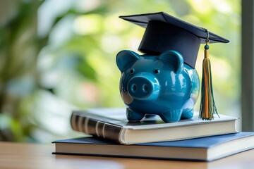 Blue piggy bank wearing a graduation cap on top of books symbolizes education and savings