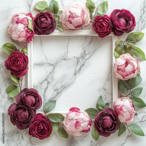 Decorative floral arrangement surrounding a blank frame on a marble tabletop