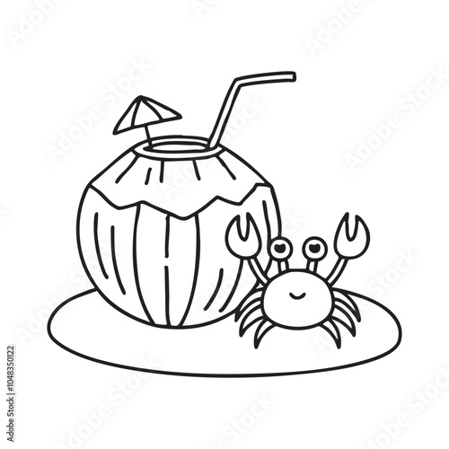 A crab beside coconut on a sandy beach