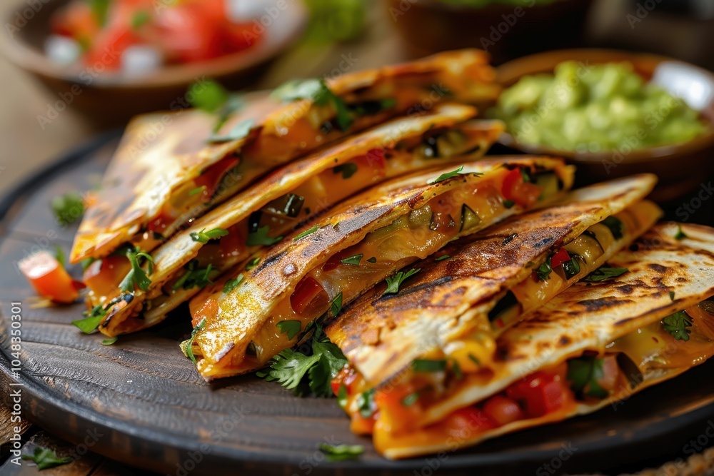 A serving of quesadillas, with melted cheese and grilled vegetables inside a folded tortilla, served with guacamole and salsa