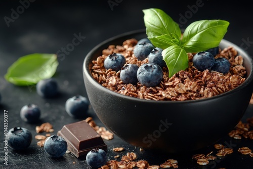 A bowl of chocolate granola topped with fresh blueberries and mint leaves on ...