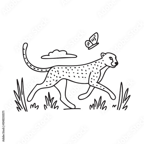 A cheetah chasing after a butterfly across tall grass in an open savanna